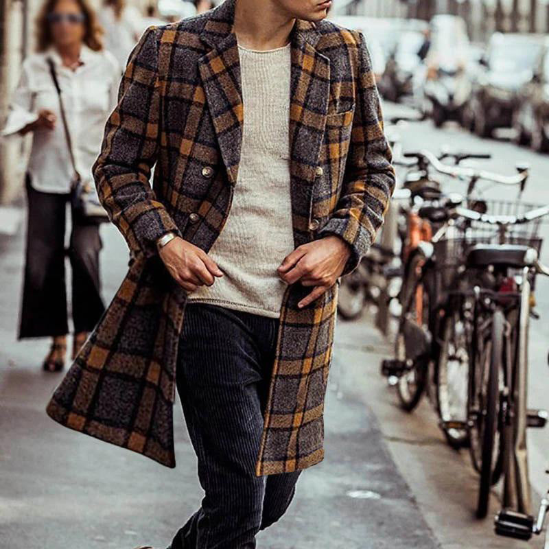 Men's Mid-Length Plaid Woolen Coat – Classic Premium Outerwear