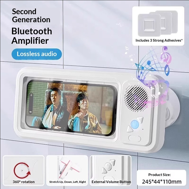 Waterproof Bathroom Phone Holder with Bluetooth Speaker – 360° Rotating TV Stand
