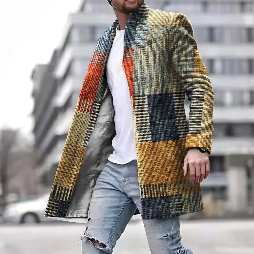 Woolen Printed Men's Coat Fashion Mid-length Trench Coat