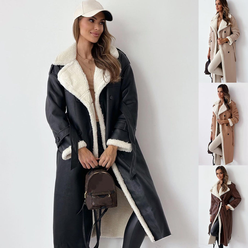 Women's Double-Breasted Trench Coat – Belted Mid-Length Winter Windbreaker