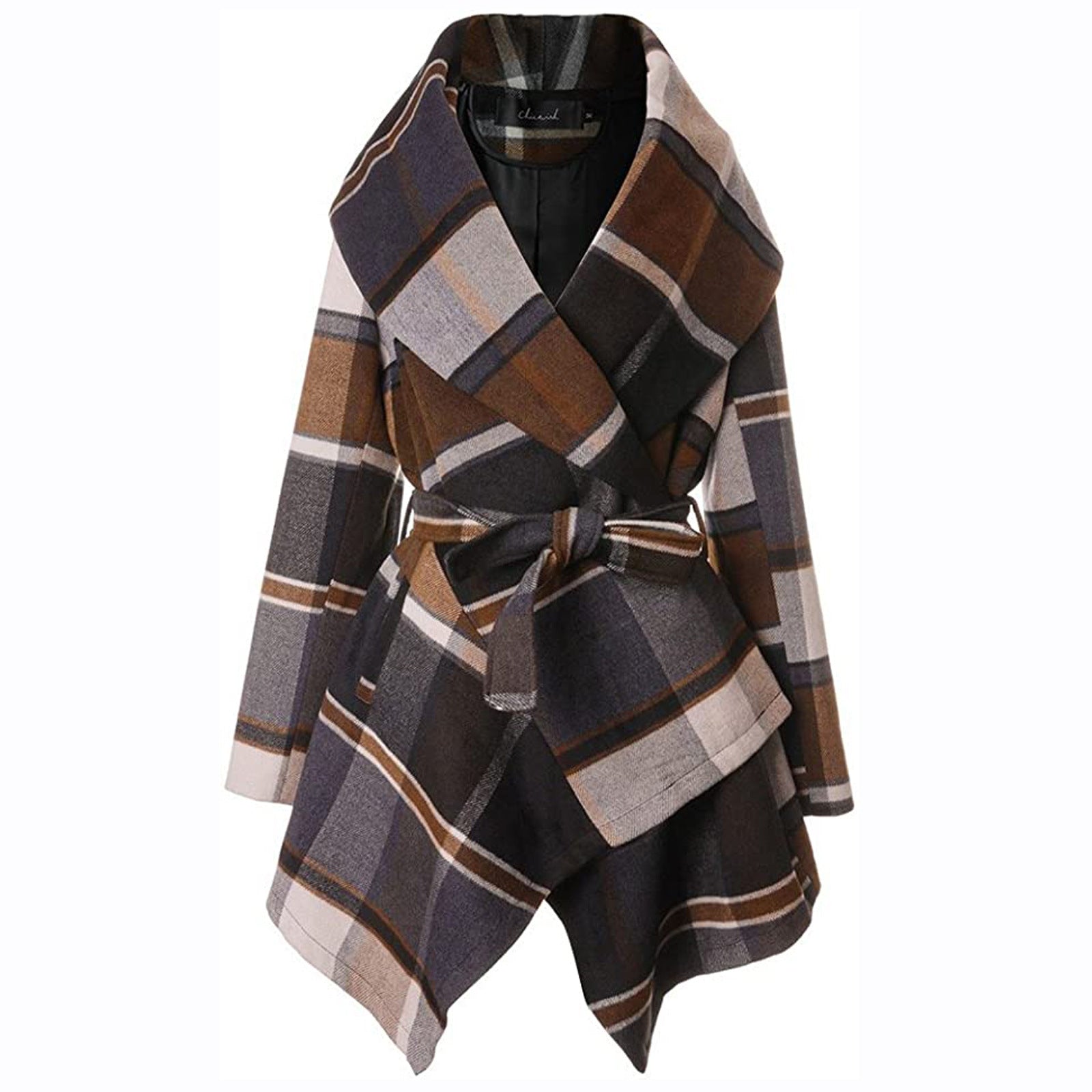 Women's Lace-Up Plaid Woolen Coat – Mid-Length Trench Style