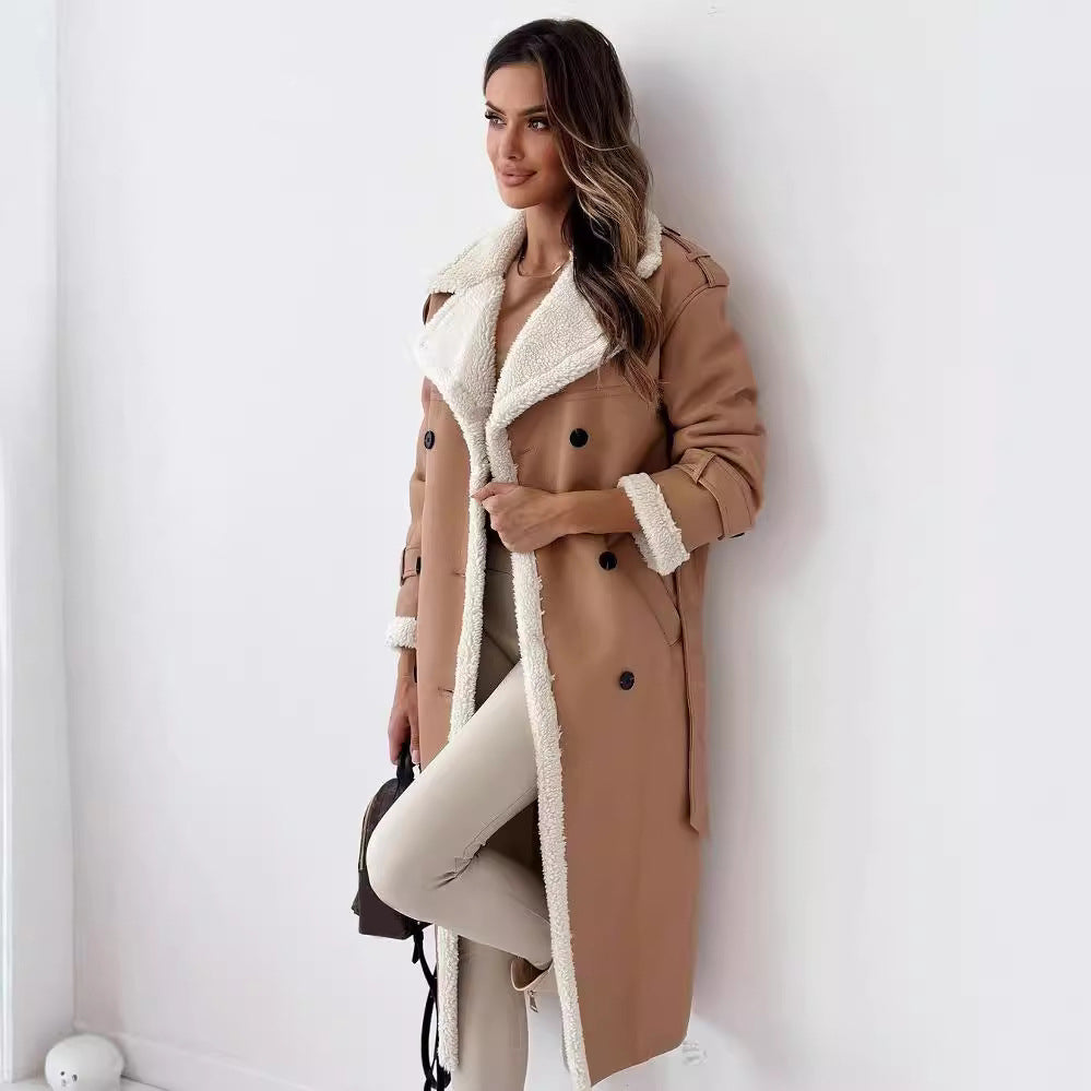 Women's Double-Breasted Trench Coat – Belted Mid-Length Winter Windbreaker