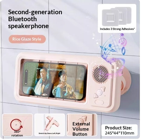 Waterproof Bathroom Phone Holder with Bluetooth Speaker – 360° Rotating TV Stand