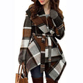 Women's Lace-Up Plaid Woolen Coat – Mid-Length Trench Style