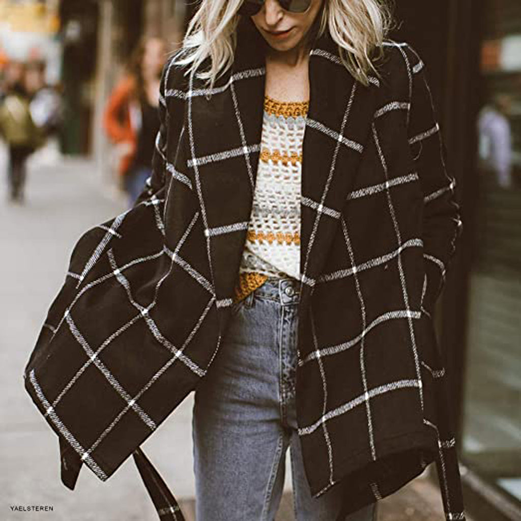 Women's Lace-Up Plaid Woolen Coat – Mid-Length Trench Style