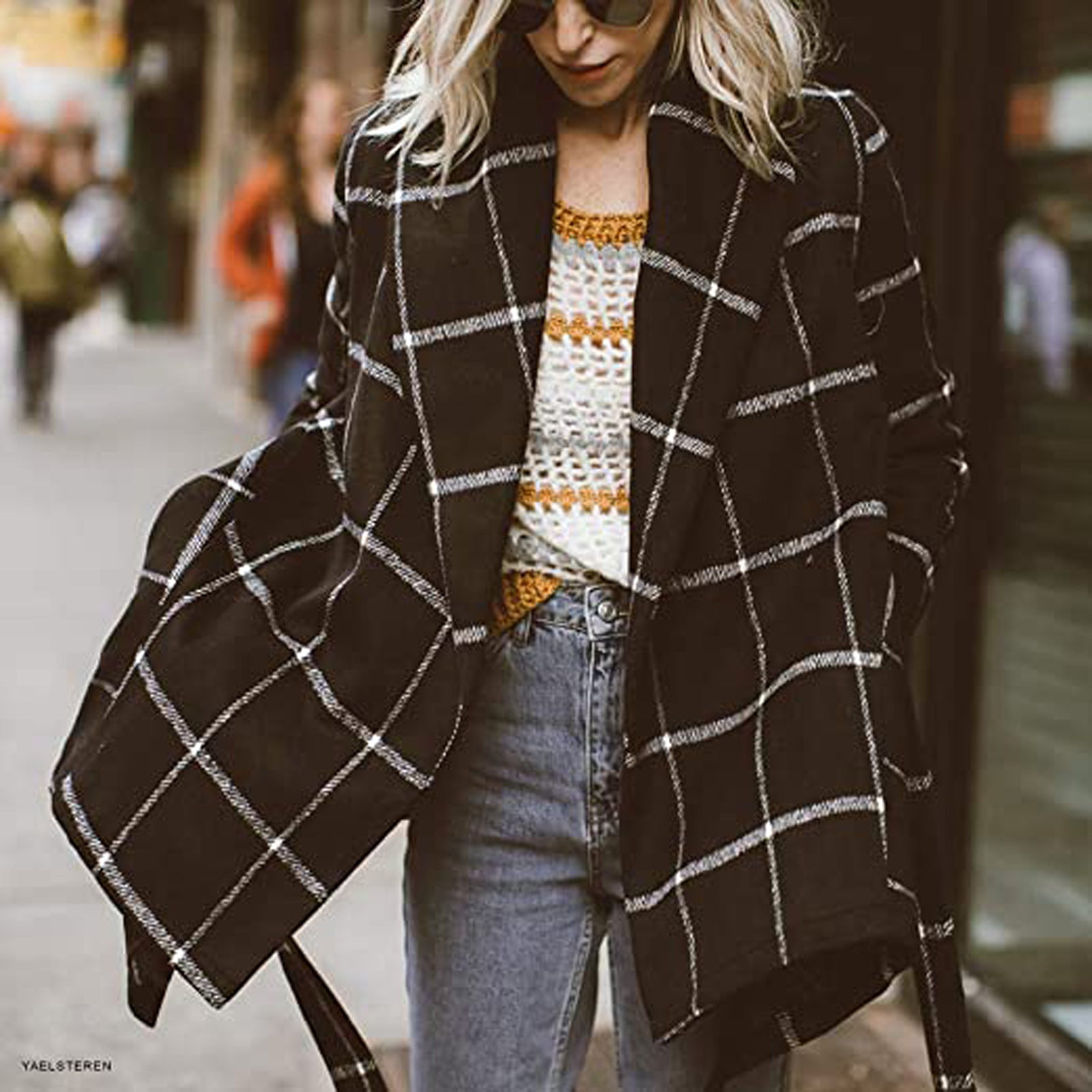 Women's Lace-Up Plaid Woolen Coat – Mid-Length Trench Style